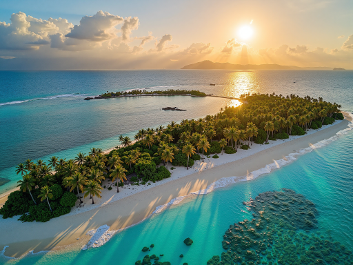 海岸线航拍全景图,碧海蓝天,沙滩细腻,展现海滨度假胜地美景