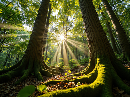 森林航拍全景图,郁郁葱葱的树木,阳光透过树叶洒下斑驳光影